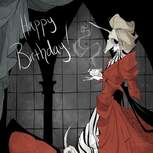 birthday / bday / unicorn / funny / hilarious / greeting / card / humorous / dark humor / Victorian / goth / Gothic / puppy / tea / skull