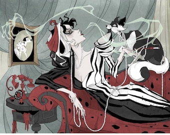 Cruella / De vil / Deville / 101 Dalmatians / cat / fan art / disney villain / villains / fabulous / art print / geeky / nerdy / Disney /dog