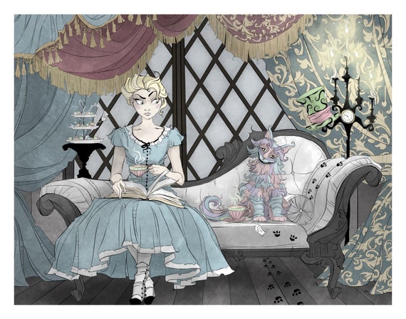 Alice In Wonderland Art Print Geeky Nerdy Cheshire Cat Mad Hatter Disney Fan Art Whimsical Tea Party Literary Bookish