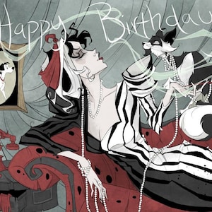 cumpleaños / Cruella / felicitación / tarjeta / Disney / villano / divertido / hilarante / 101 Dálmatas / Deville / De Vil / geeky / nerdy / único