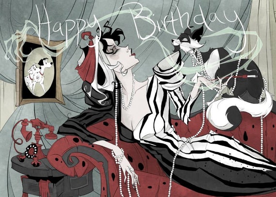 Anniversaire Cruella Salutation Carte Disney Mechant Etsy