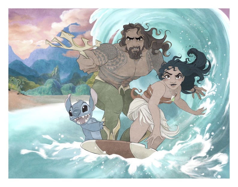 Aquaman / Moana / Stitch / Surfing / Fan Art / Hawaii / Disney Etsy