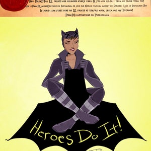 May include: A digital illustration of a superhero character sitting on a black bat symbol. The character is wearing a purple and black costume with a black mask and a yellow cape. The character is sitting with their legs crossed and their arms crossed. The background is yellow. The text "Heroes Do It!" is written in yellow on the bat symbol. The text "Dread Limited Edition" is written in black at the top of the image.