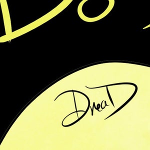 May include: A black and yellow graphic design with the word "Dread" written in black cursive on a yellow background.