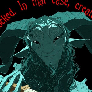 May include: A teal-colored creature with horns and a long, flowing mane of hair. The creature has a human-like face with large, dark eyes and a slight smile. The creature is holding a book in its hands.