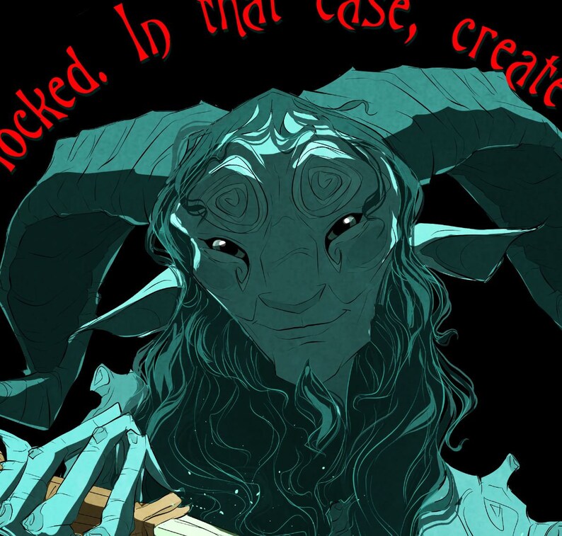 May include: A teal-colored creature with horns and a long, flowing mane of hair. The creature has a human-like face with large, dark eyes and a slight smile. The creature is holding a book in its hands.