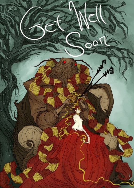 Gute Besserung Get Gut Gruß Karte Mothman Katze Stricken Lustig Komisch Dunklen Humor Nerdy Geeky Gryffindor Goth