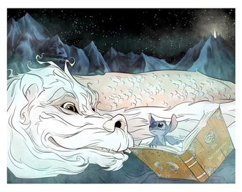 Falkor / geluk / draak / Stitch / Art Print / Neverending / Story / Disney / Fan Art / lezen / geek / nerdy / mash up / cute / fantasy