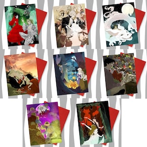 Op de afbeelding: Set van 9 geïllustreerde wenskaarten met verschillende scènes in een grillige en gotische stijl. De kaarten zijn gedrukt op wit karton met rode enveloppen.