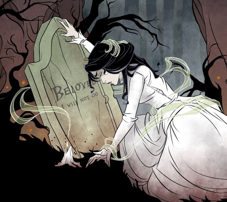 Op de afbeelding: Een vrouw in een witte jurk knielt voor een grafsteen met de inscriptie "Beloved I Will Not Go". De sc&egrave;ne speelt zich af in een donker bos met bomen en takken op de achtergrond.