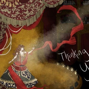 Könnte beinhalten: Eine Frau in einem roten und schwarzen Kleid steht auf einer Bühne mit einem roten Band, das hinter ihr schwebt. Die Bühne ist mit goldenem und rotem Stoff dekoriert. Der Text "Thinking of You" ist in Weiß auf schwarzem Hintergrund geschrieben.