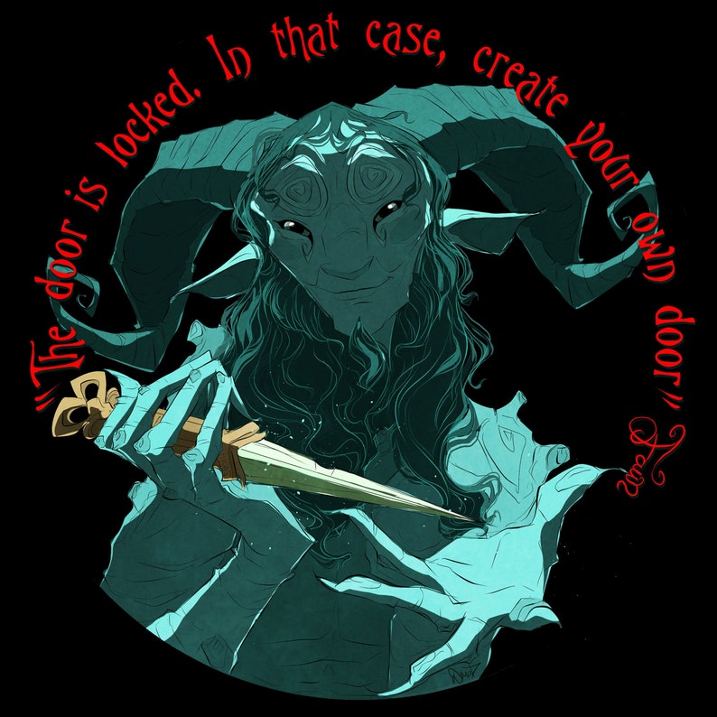 May include: A blue and green creature with horns and a human-like face holds a dagger in its hands. The creature is surrounded by a red circle with the text "The door is locked. In that case, create your own door" in red.