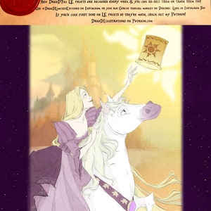 May include: A limited edition print of a woman with long blonde hair riding a white horse. The woman is wearing a purple dress and the horse is holding a golden lantern with a sun design. The print has a purple background with gold stars. The text "DREAD LIMITED EDITION" is at the top of the print.