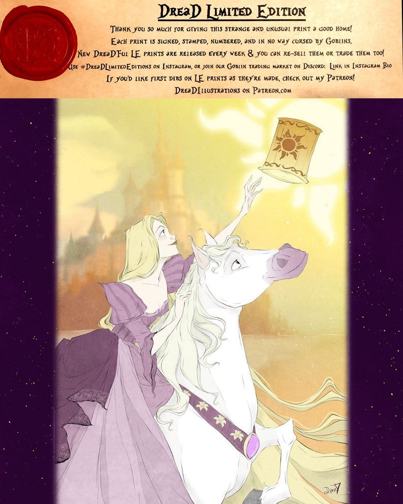 May include: A limited edition print of a woman with long blonde hair riding a white horse. The woman is wearing a purple dress and the horse is holding a golden lantern with a sun design. The print has a purple background with gold stars. The text "DREAD LIMITED EDITION" is at the top of the print.