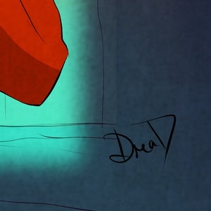 K&ouml;nnte beinhalten: Eine digitale Illustration einer Person, die ein rot-schwarzes Outfit tr&auml;gt. Die Person steht vor einem t&uuml;rkisblauen Hintergrund. Die Unterschrift des K&uuml;nstlers, "Drew", ist in schwarzer Tinte in der rechten unteren Ecke des Bildes geschrieben.