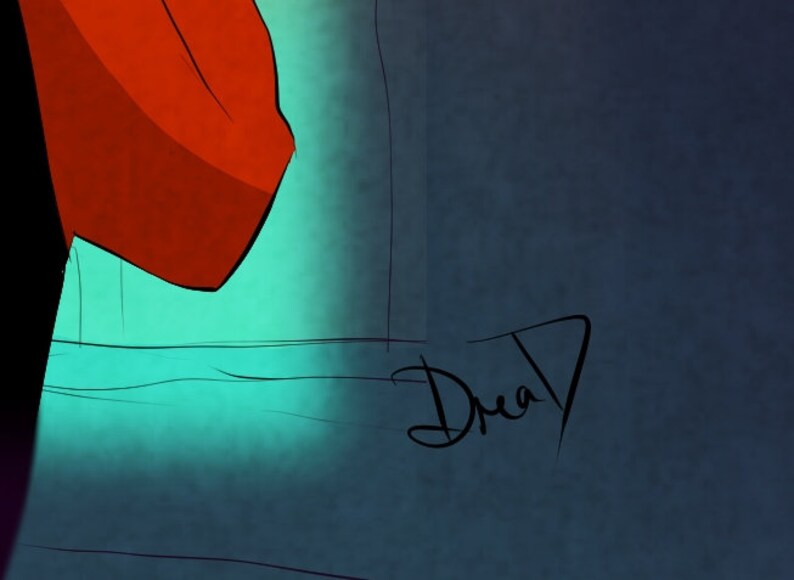 K&ouml;nnte beinhalten: Eine digitale Illustration einer Person, die ein rot-schwarzes Outfit tr&auml;gt. Die Person steht vor einem t&uuml;rkisblauen Hintergrund. Die Unterschrift des K&uuml;nstlers, "Drew", ist in schwarzer Tinte in der rechten unteren Ecke des Bildes geschrieben.