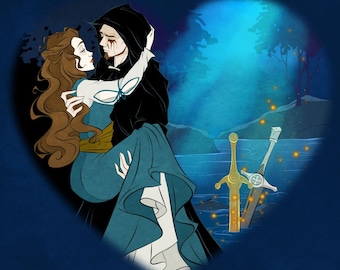 May include: A man wearing a black hooded cloak holds a woman in a blue dress. They are gazing into each other's eyes with affection. The background is a dark blue with a heart shape in the centre. The heart shape is filled with a light blue sky and a sword.