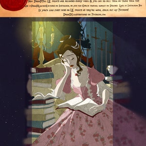 Op de afbeelding: Een digitale illustratie van een vrouw met lang bruin haar die een roze jurk draagt en een boek leest. Ze zit op een stoel met een stapel boeken naast haar. De achtergrond is donkerblauw met sterren. De tekst "DREAD LIMITED EDITION" staat bovenaan de afbeelding.