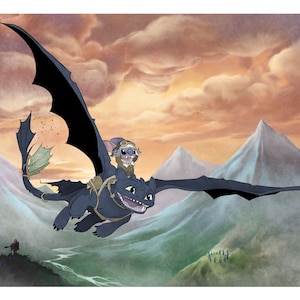 Toothless/ How to Train your dragon / Stitch / Art Print / Merida / Disney / Fan Art / geek / nerdy / mash up / cute / fantasy / flying