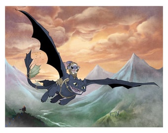 Toothless/ How to Train your dragon / Stitch / Art Print / Merida / Disney / Fan Art / geek / nerdy / mash up / cute / fantasy / flying