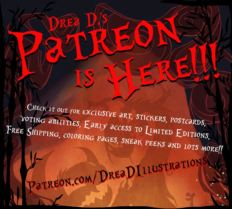 Op de afbeelding: Een rode en witte afbeelding met de tekst "Drea D's Patreon is Here!!!" en het websiteadres "patreon.com/DreaDIllustrations". De afbeelding is geplaatst op een oranje en zwarte achtergrond met een gestileerde afbeelding van een draak.