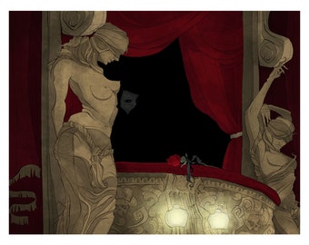 May include: A dramatic illustration of two figures in a theater setting. One figure is a woman with her back to the viewer, wearing a long, flowing gown. The other figure is a woman with her face obscured by a mask, standing in front of a red curtain. A single red rose lies on the stage.