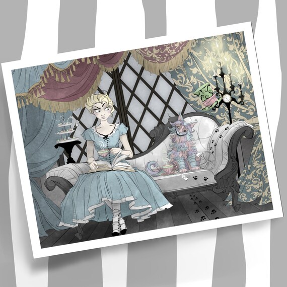 Alice In Wonderland Art Print Geeky Nerdy Cheshire Cat Mad Hatter Disney Fan Art Whimsical Tea Party Literary Bookish