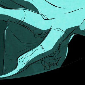 May include: A teal blue hand drawn illustration of a hand reaching out, with a black background. The artist's signature is visible in the bottom right corner.