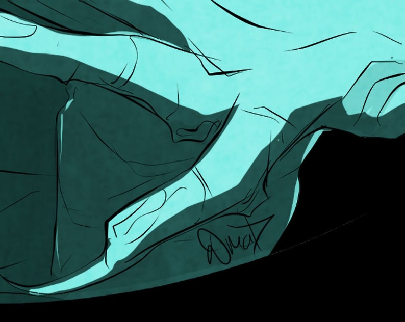 May include: A teal blue hand drawn illustration of a hand reaching out, with a black background. The artist's signature is visible in the bottom right corner.