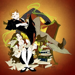 May include: A couple sitting in a room with a stack of books and a broom. The woman is holding a letter that says "We" and the man is holding a wand. The room is decorated with green smoke.
