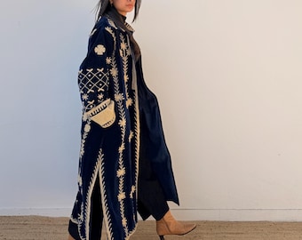 Dark navy blue Longline velvet dress coat for women , embroidered boho chic duster coat, unique cover up warm robe, evening wear