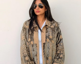 Velvet Embroidered Lightweight Coat, Summer Layering Jacket, Longline Duster, Soft Textured Coat, Elegant Light Layer