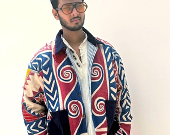 Men’s Boho Tapestry Jacket – Retro Desert Festival Coat with Corduroy Detailing
