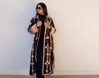 Chocolate brown Longline velvet dress coat for women , embroidered boho chic duster coat, unique cover up warm robe