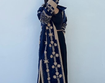 Goddess dark navy blue Longline velvet dress coat for women , embroidered boho chic duster coat, unique cover up warm robe
