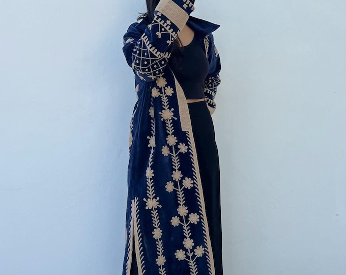 Dark navy blue Longline velvet dress coat for women , embroidered boho chic duster coat, unique cover up warm robe