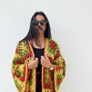 Crochet longline fall duster cardigan/ Granny square wool crochet kimono coat/knitted fashion jacket/ bell sleeve crochet cardigan for women