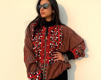 Earthy brown upcycled embroidered bomber Jacket for women & men , Festival rave Clothing, Indian ethnic unique Jacket, afghani dress jacket