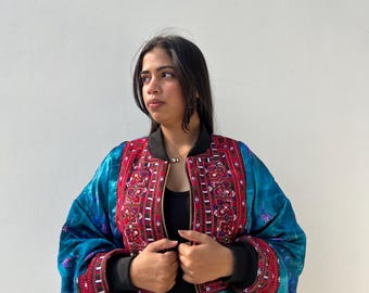 Chaqueta bomber bordada de primavera para mujer, ropa para festivales rave, chaqueta étnica india única, chaqueta afgana azul y roja para fiestas