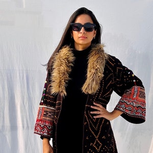 Handmade ethnic upcycled fur coat /music festival coat / bohemian geometric coat / tribal woolen kimono tunic coat / goddess black cape