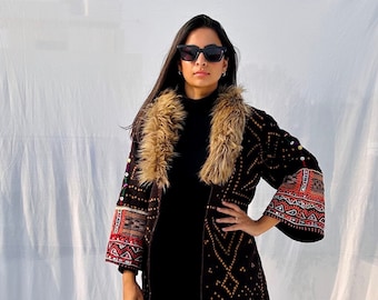 Handmade ethnic upcycled fur coat /music festival coat / bohemian geometric coat / tribal woolen kimono tunic coat / goddess black cape