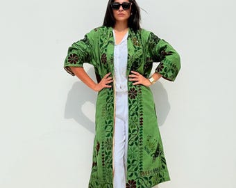 Floral Cotton parrot green Women luxe Duster, vintage antique indian ethnic long jacket, artistic fashion jacket, artisan handmade clothing