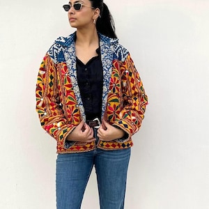 Quilted colourful coat for women, Hand stitched embroidered knee length tunic coat, bohemian festival coat, folk art vintage repurposed coat
