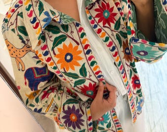 Floral spring Cotton Shirt Jacket, Multicolored Women Outerwear, vintage antique indian ethnic jacket, animal motif statement boho jacket