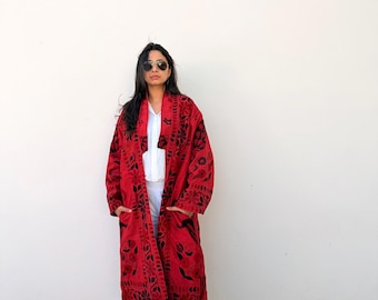 Floral Cotton Crimson Red Women luxe Duster, vintage antique indian ethnic long jacket, artistic fashion jacket, artisan handmade clothing