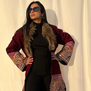 Artisan crafted bohemian fur jacket / red woollen kimono coat  / intricate patchwork knee length coat / upcycled wool Indian ethnic jacket