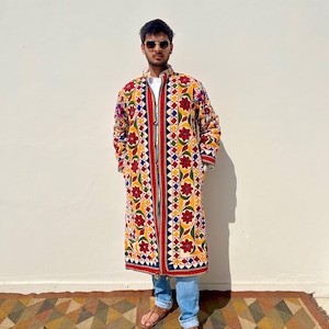 Unisex Quiltad flerfärgad blommig broderad dusterkappa med sherpafleecefoder / boho discojacka / unik festivalbohokappa bild 1