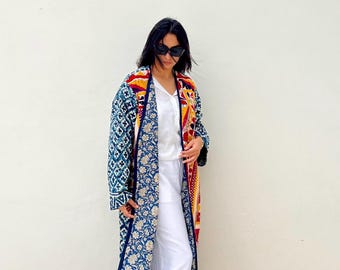 Upcycled Kimono Jacket/ Embroidered Quilted Duster Coat/ kantha indigo blue coat/ fall cozy unique clothing