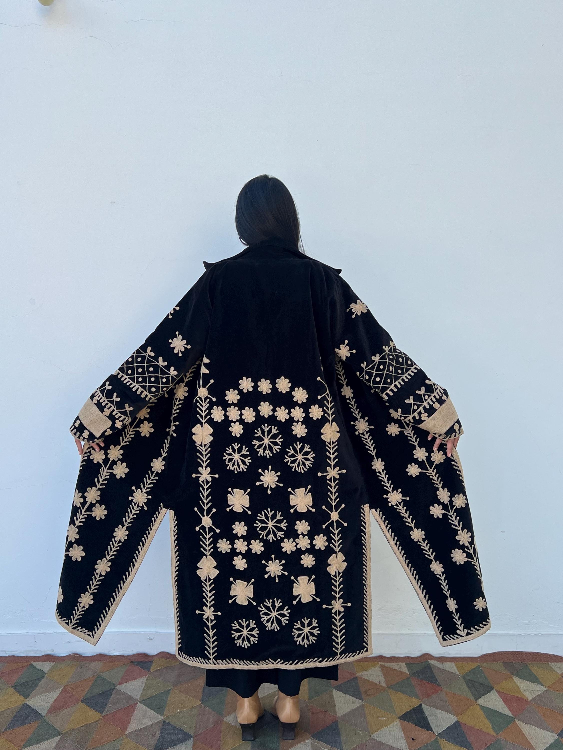 Black Unisex Longline velvet dress coat , embroidered boho chic duster coat, unique warm  cover up jacket