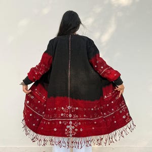 Handmade black & red woollen duster coat , bohemian upcycled coat women, music festival jacket, patchwork quilted goddess Bedouin shawl coat